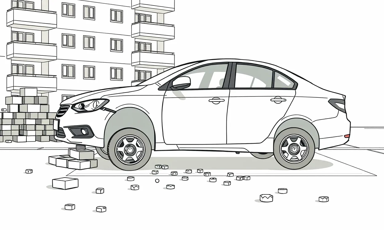 Osobné auto stojace na betónových tvárniciach bez kolies na sídliskovom parkovisku