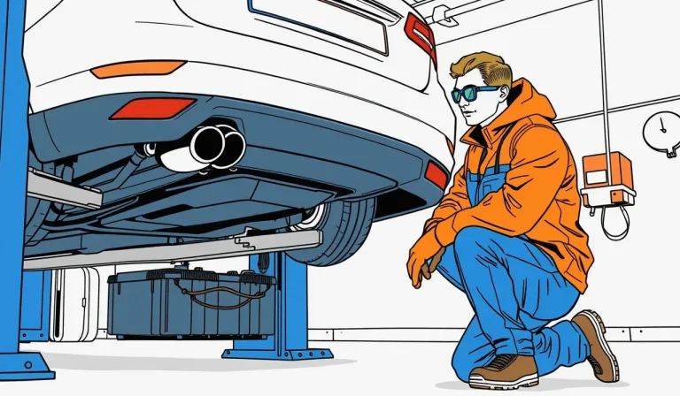 Technik v servise kontroluje trakčnú batériu elektromobilu na zdviháku