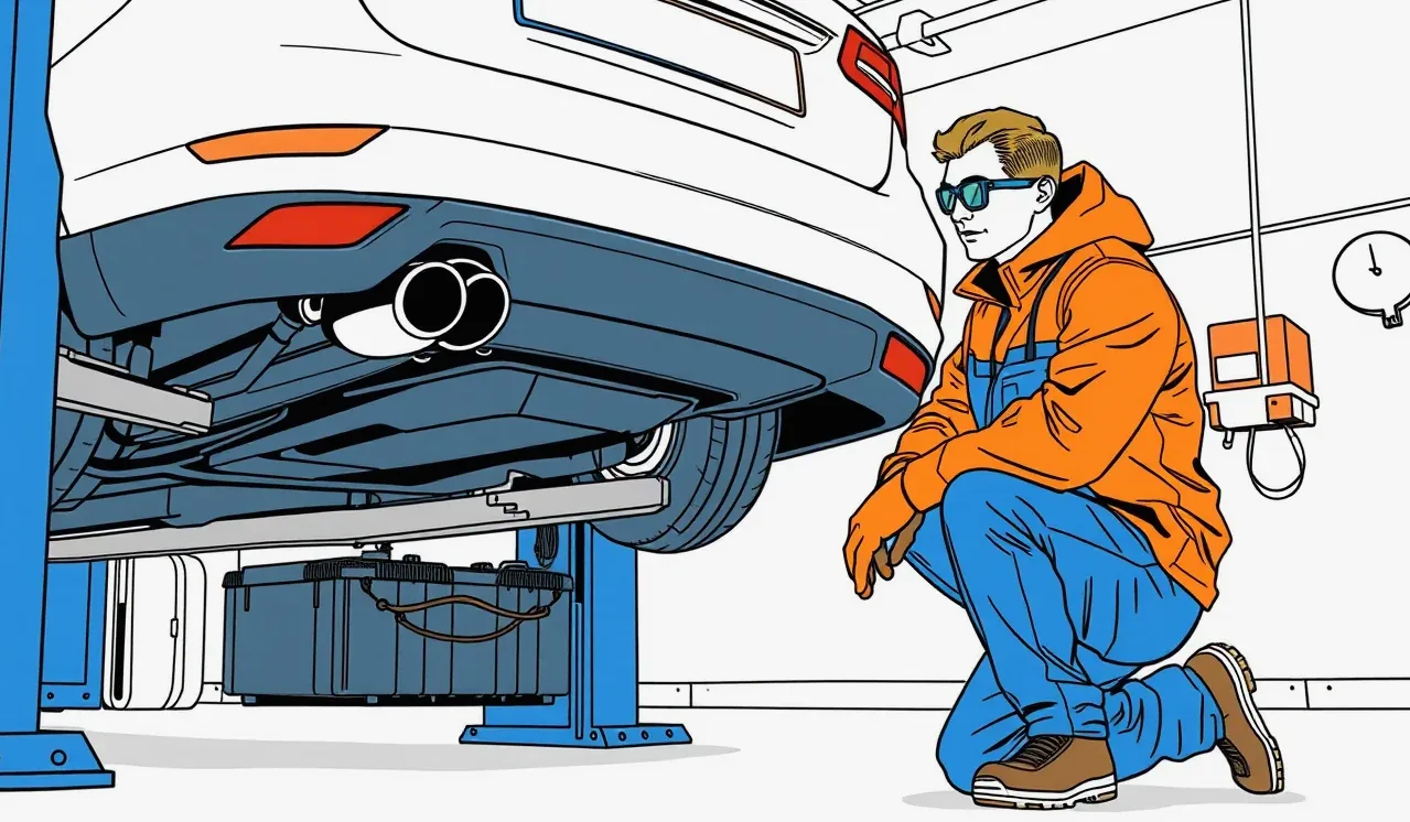 Technik v servise kontroluje trakčnú batériu elektromobilu na zdviháku