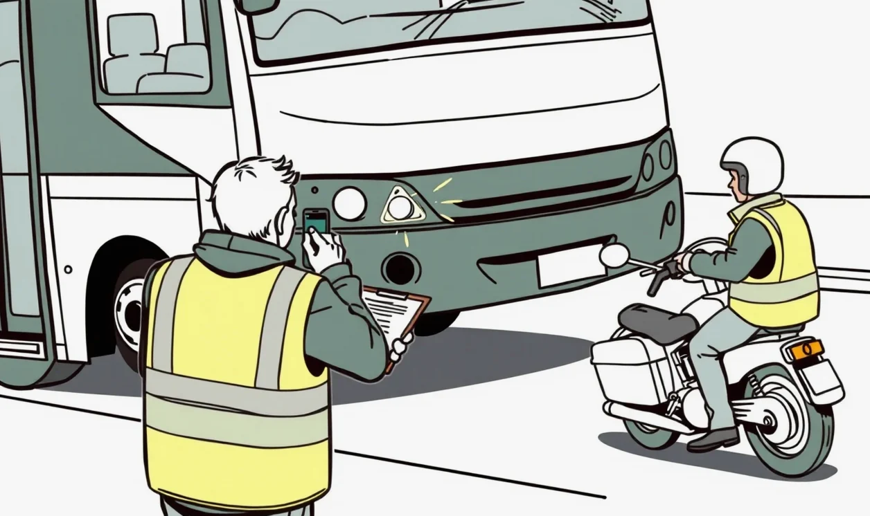 Dispečer a vodič kontrolujú technický stav a dokumentáciu autobusu v garáži