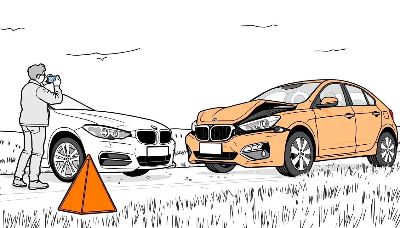 Vodič fotografuje predný roh osobného automobilu pomocou smartfónu na dennom svetle