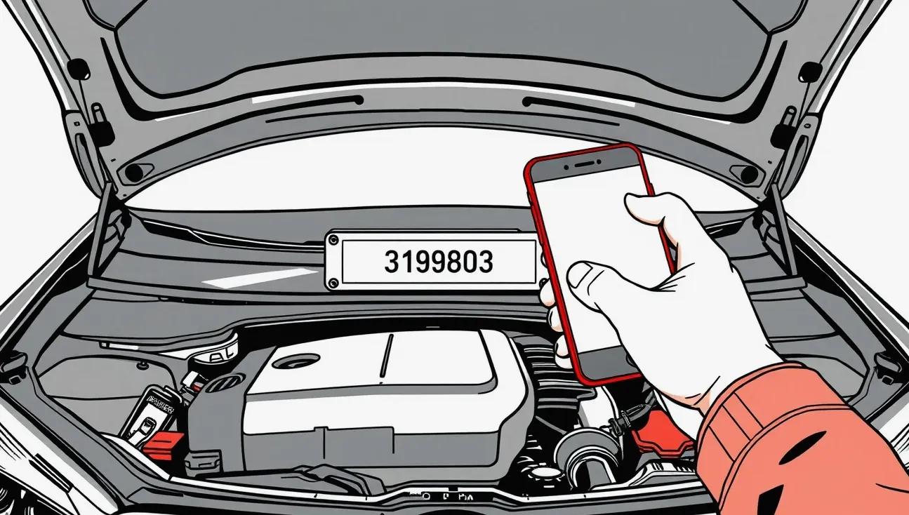 Pohľad na motorový priestor vozidla s detailným záberom na vyrazené VIN číslo