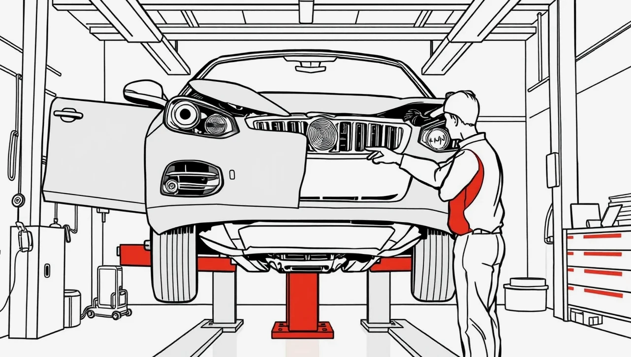 Technik v autoservise kontroluje odstrojený nárazník vozidla pred vykonaním doobhliadky