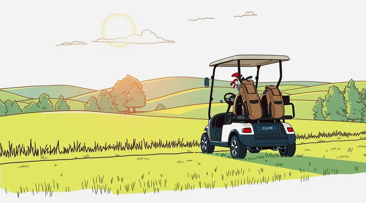 Golfový vozík prevážajúci personál a údržbárske náradie po trávnatej ploche golfového rezortu