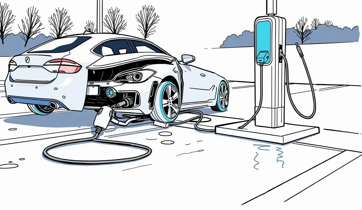 Elektromobil na odťahovom vozidle zabezpečený popruhmi pred autorizovaným servisným strediskom