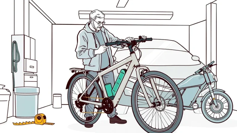 Mladý cyklista kontroluje technický štítok na ráme elektrického bicykla