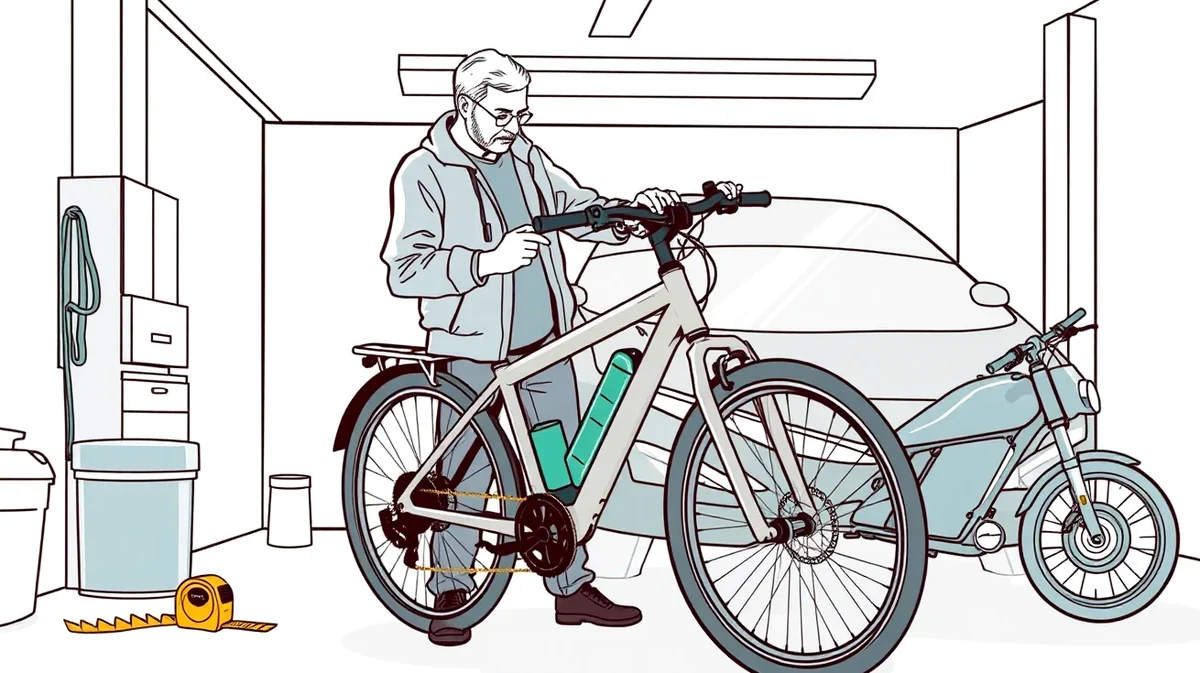 Mladý cyklista kontroluje technický štítok na ráme elektrického bicykla