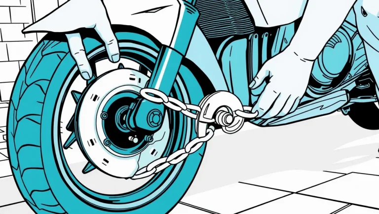 Zaparkovaný motocykel zabezpečený masívnou reťazou a kotúčovým zámkom pri stene budovy