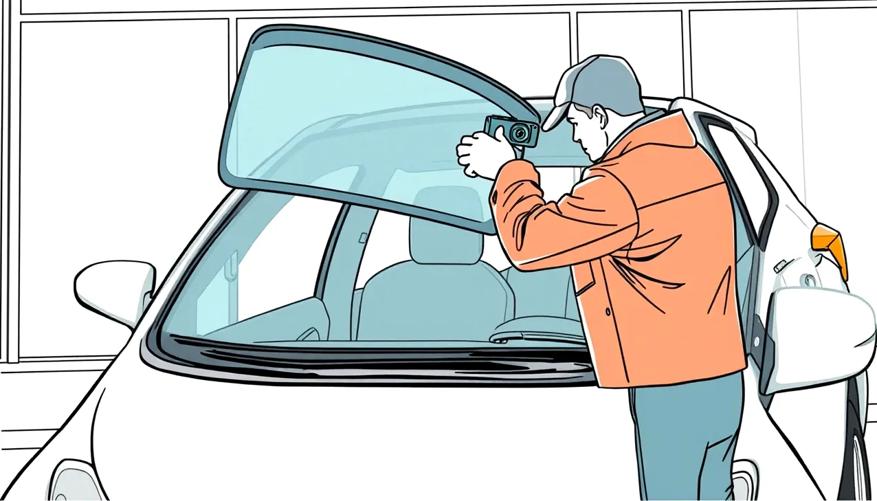 Technik v autoservise nastavuje kalibračný terč pred kamerou na čelnom skle automobilu