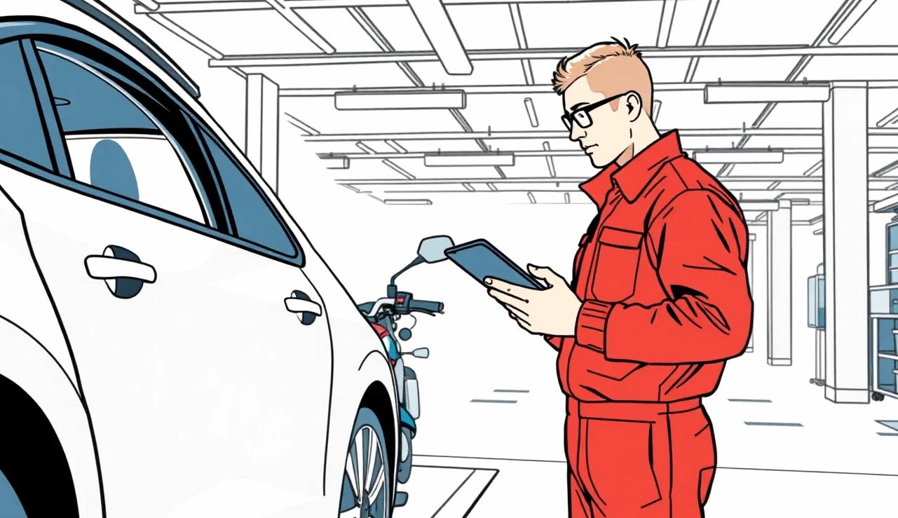 Starší vodič vypĺňa elektronické hlásenie poistnej udalosti na tablete pri stole