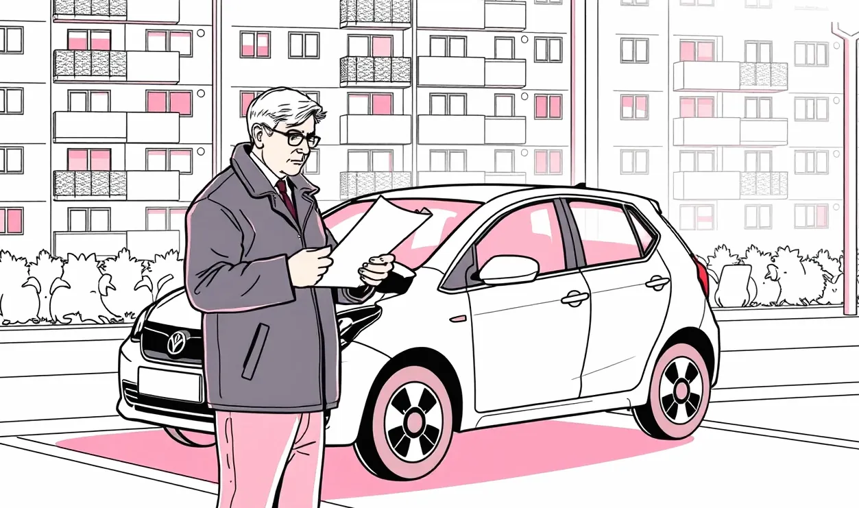 Mladý vodič si kontroluje poškodený nárazník na staršom aute po kolízii