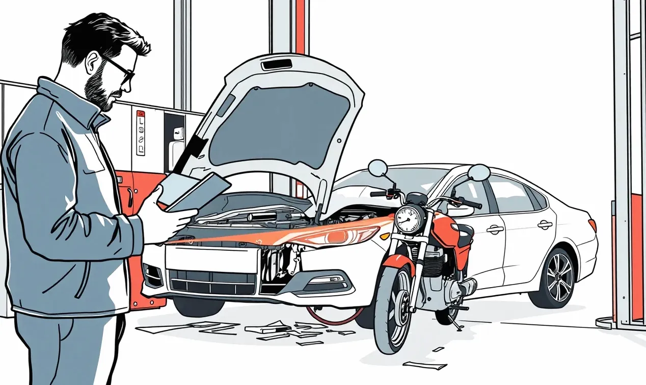 Mechanik v servise dokumentuje rozsah poškodenia karosérie pred obhliadkou likvidátora