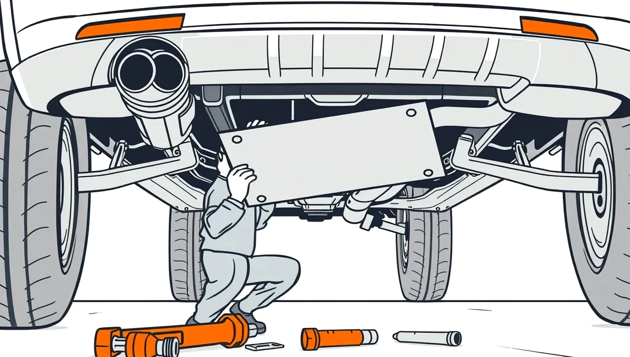 Odťahová služba nakladá nepojazdné auto s poškodeným výfukom na hydraulickú plošinu