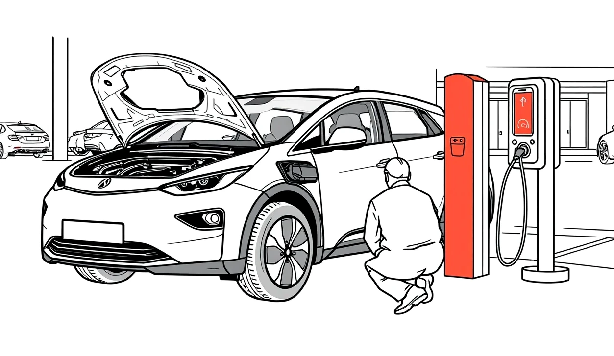Moderný elektromobil bezpečne zaistený popruhmi na rovnej plošine odťahového vozidla