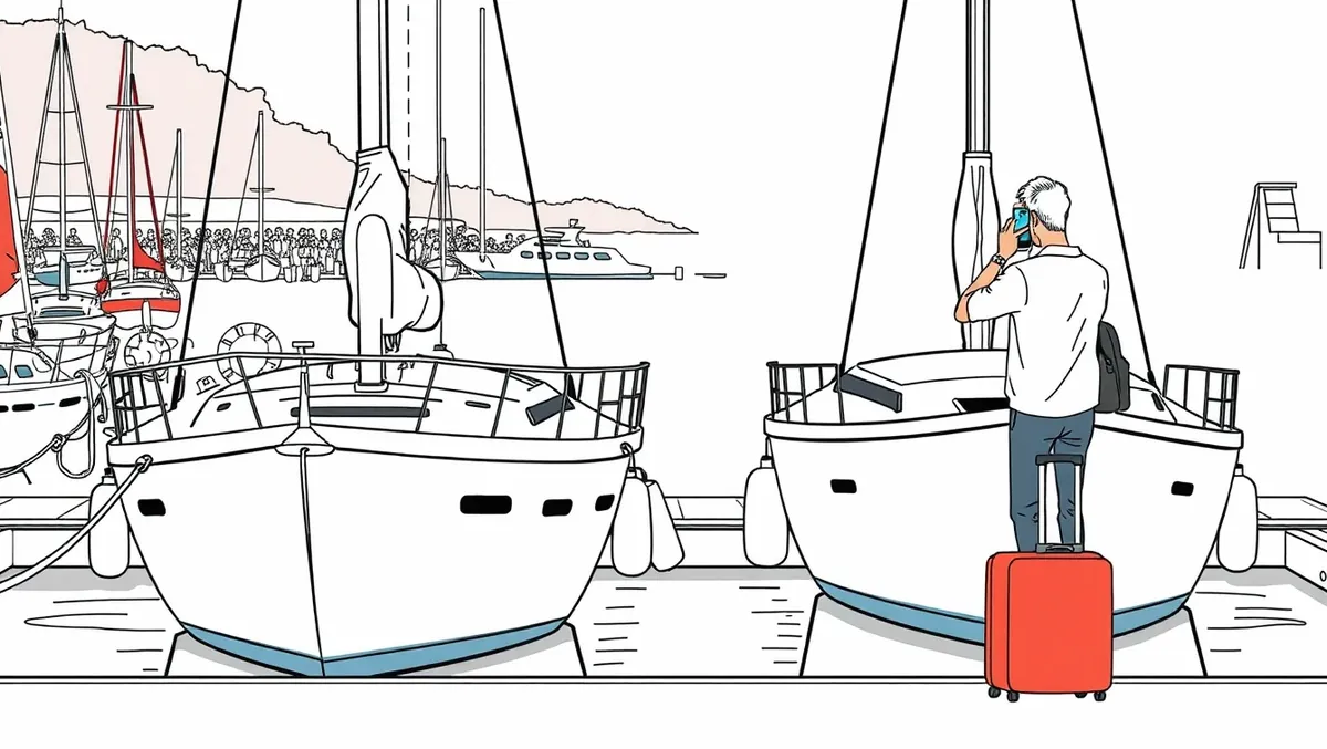Paddleboard priviazaný o kormu modernej rekreačnej plachetnice v zátoke