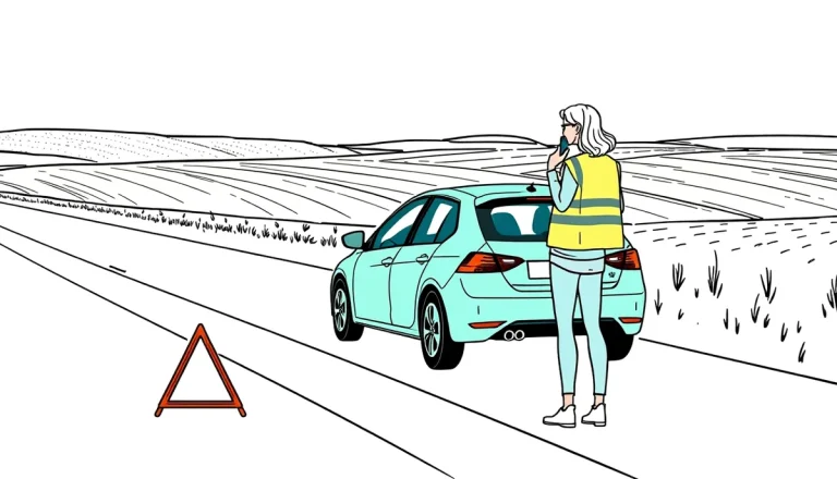 Vozidlo Diaľničnej patroly zabezpečuje odstavené auto v núdzovom pruhu na diaľnici