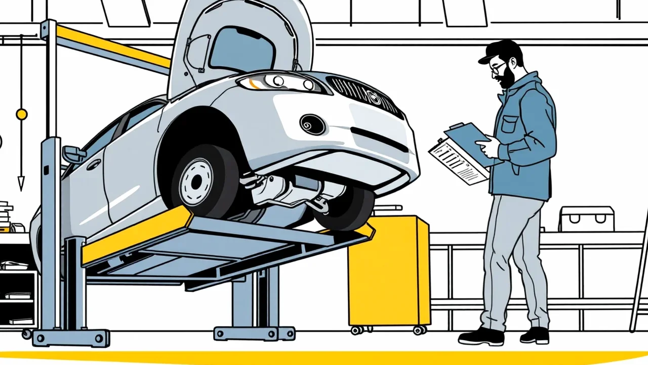 Mechanik v autoservise kontroluje poškodené čelné sklo osobného auta