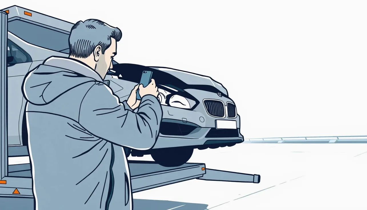 Nakladanie osobného automobilu na hydraulickú plošinu odťahového vozidla