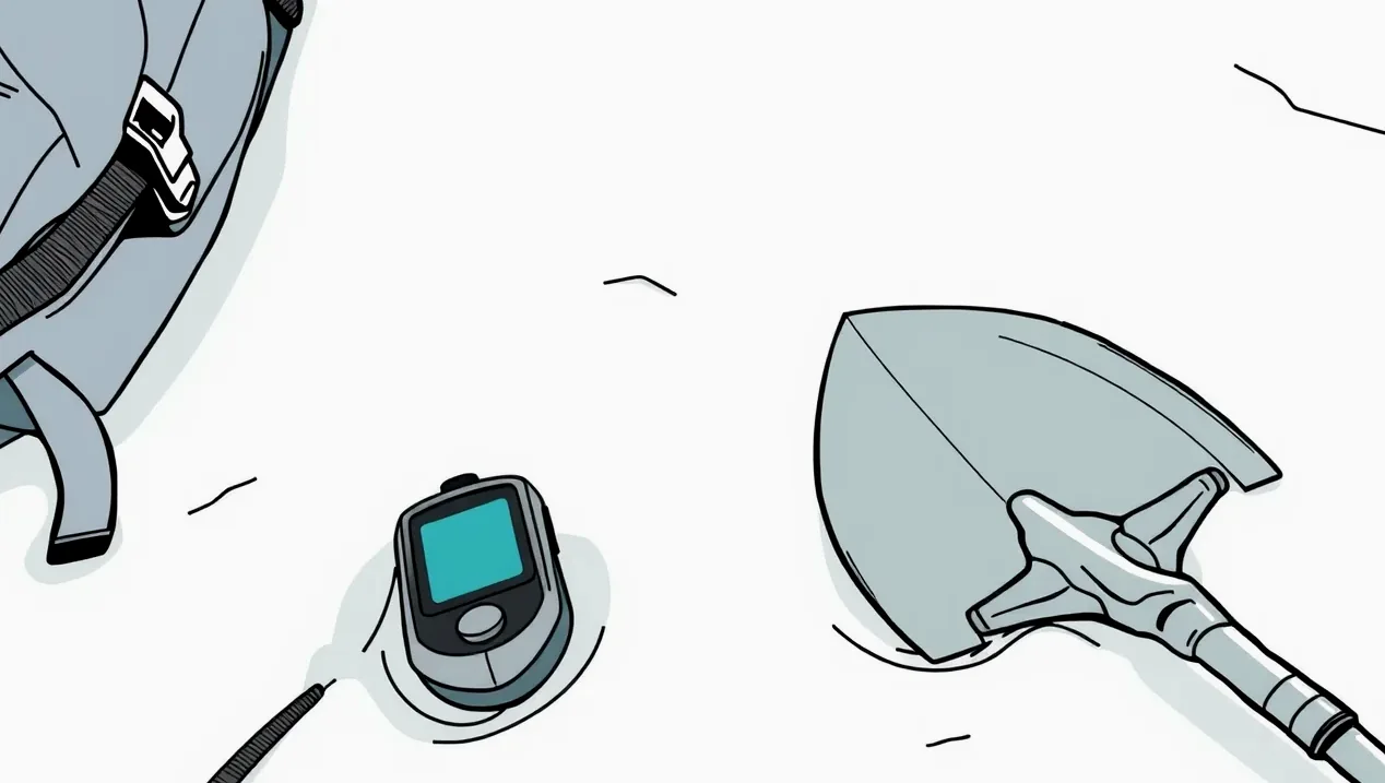 Detailný pohľad na lavínovú výbavu obsahujúcu kovovú lopatu, sondu a digitálny vyhľadávač na snehu
