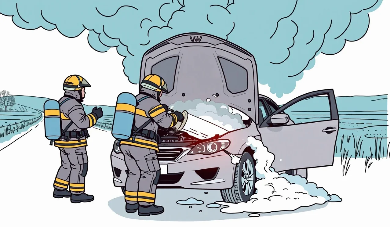 Hasič zasahuje pri požiari motorového priestoru osobného auta na krajnici