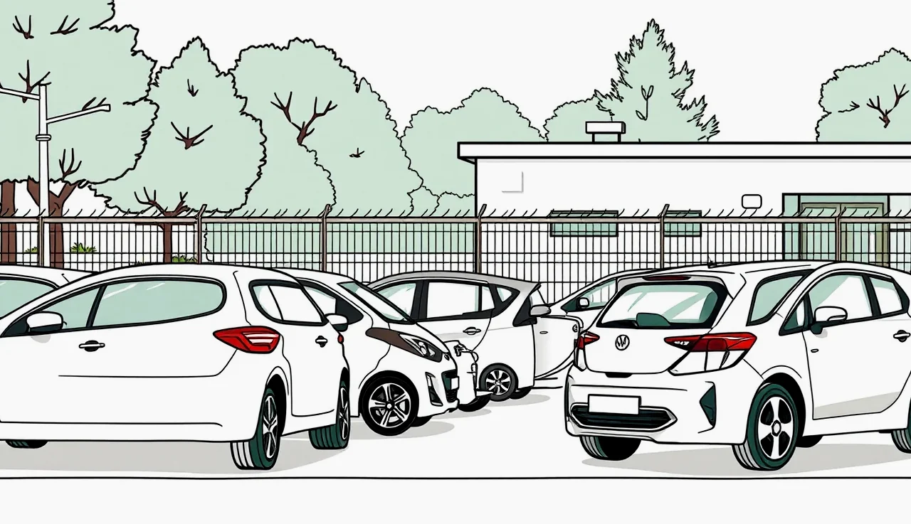 Riadok dodávok a úžitkových vozidiel zaparkovaných vo vozovom parku autopožičovne
