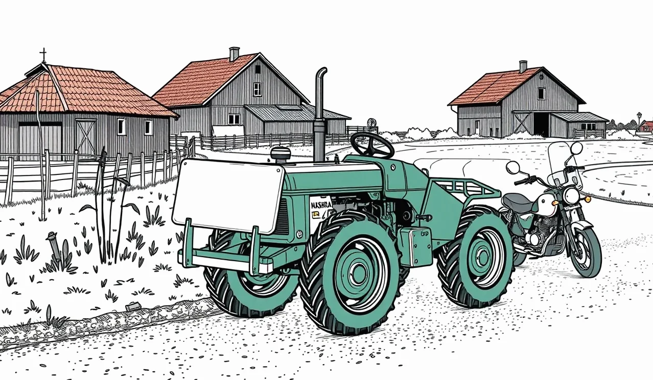 Podomácky vyrobený traktor s céčkovou evidenčnou tabuľkou na nespevnenej ceste