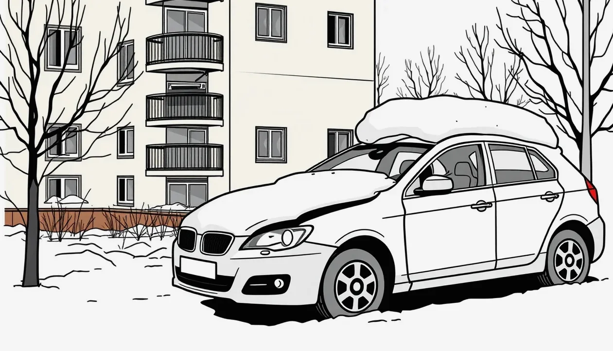 Auto idúce po zasneženej diaľnici s vrstvou neodprataného snehu na streche