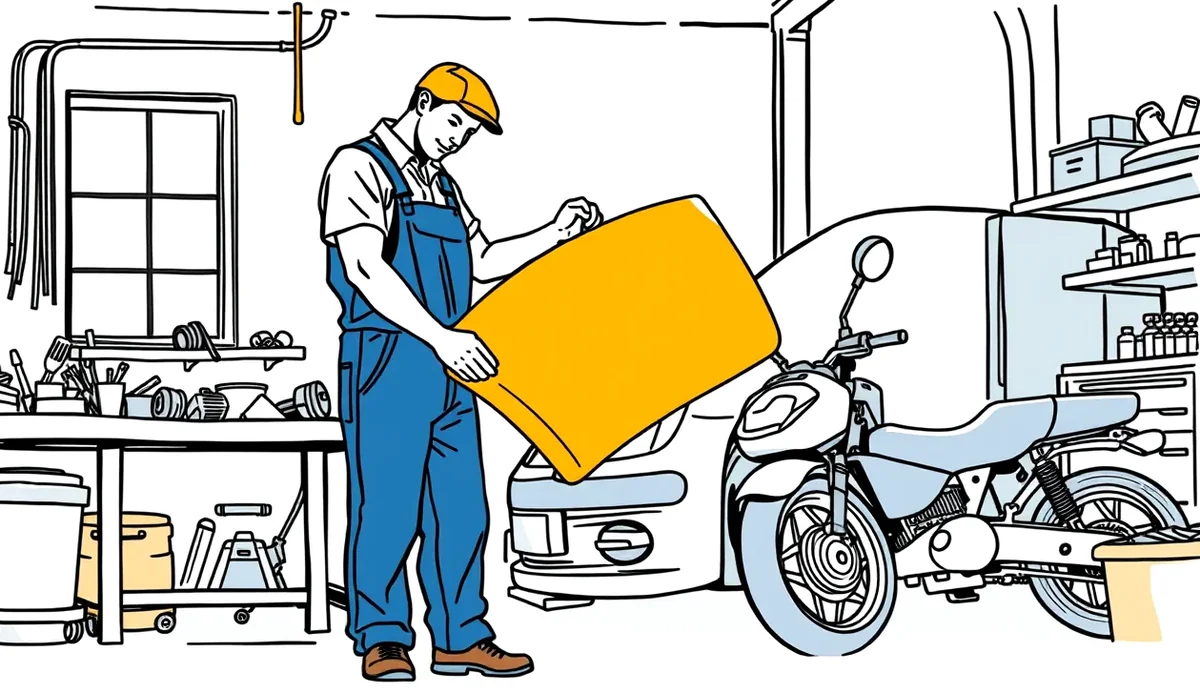 Automechanik kontroluje poškodený nárazník na zdviháku v autoservise
