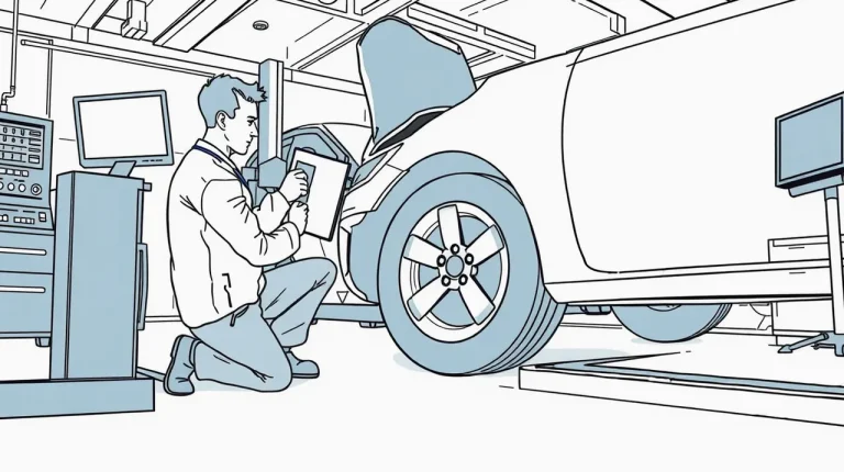 Automechanik kontroluje poškodený kryt motora na zdviháku v servise