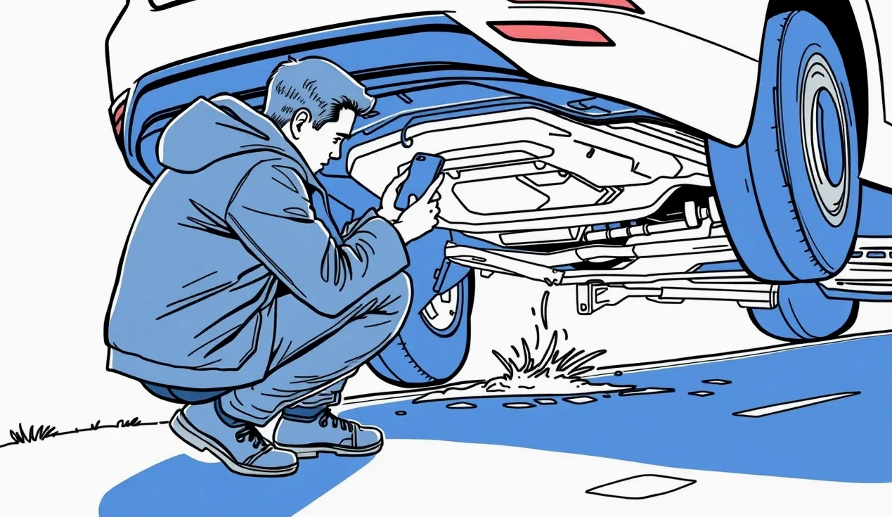Mechanik v autoservise kontroluje poškodené výfukové potrubie a uchytenie katalyzátora na zdviháku