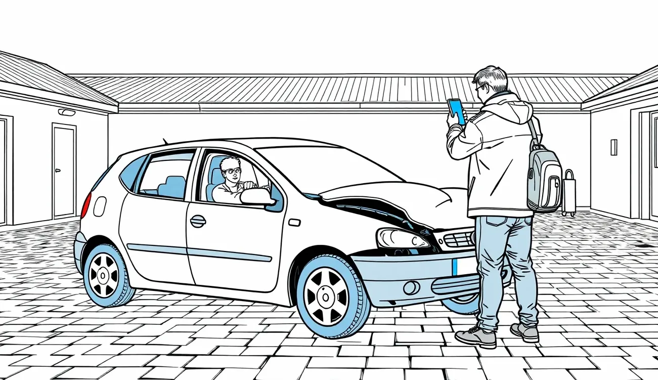 Mechanik v servise obhliada poškodenú prednú časť firemného vozidla po nehode